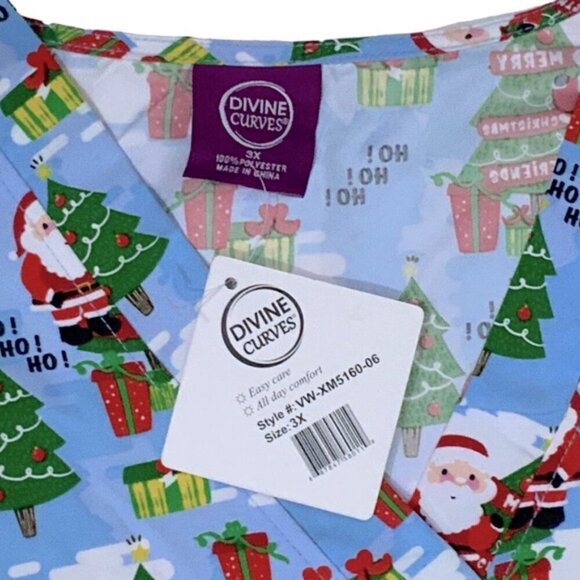 Devine Curves Scrub Christmas Top Women V Neck Short Sleeve Santa Blue Plus 3X - Picture 7 of 15